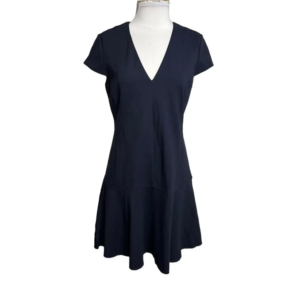 Tory Burch Cap Sleeve V-neck Ruffle Shift Dress Navy Blue Sz M